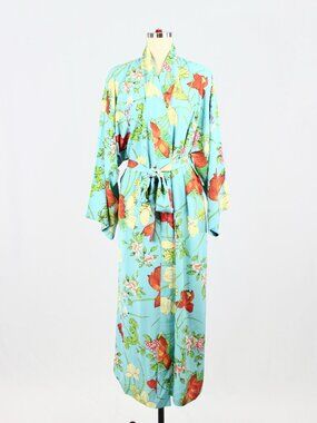 NWOT NATORI Turquoise Blue Floral Matte Satin Kimono Robe, Size M